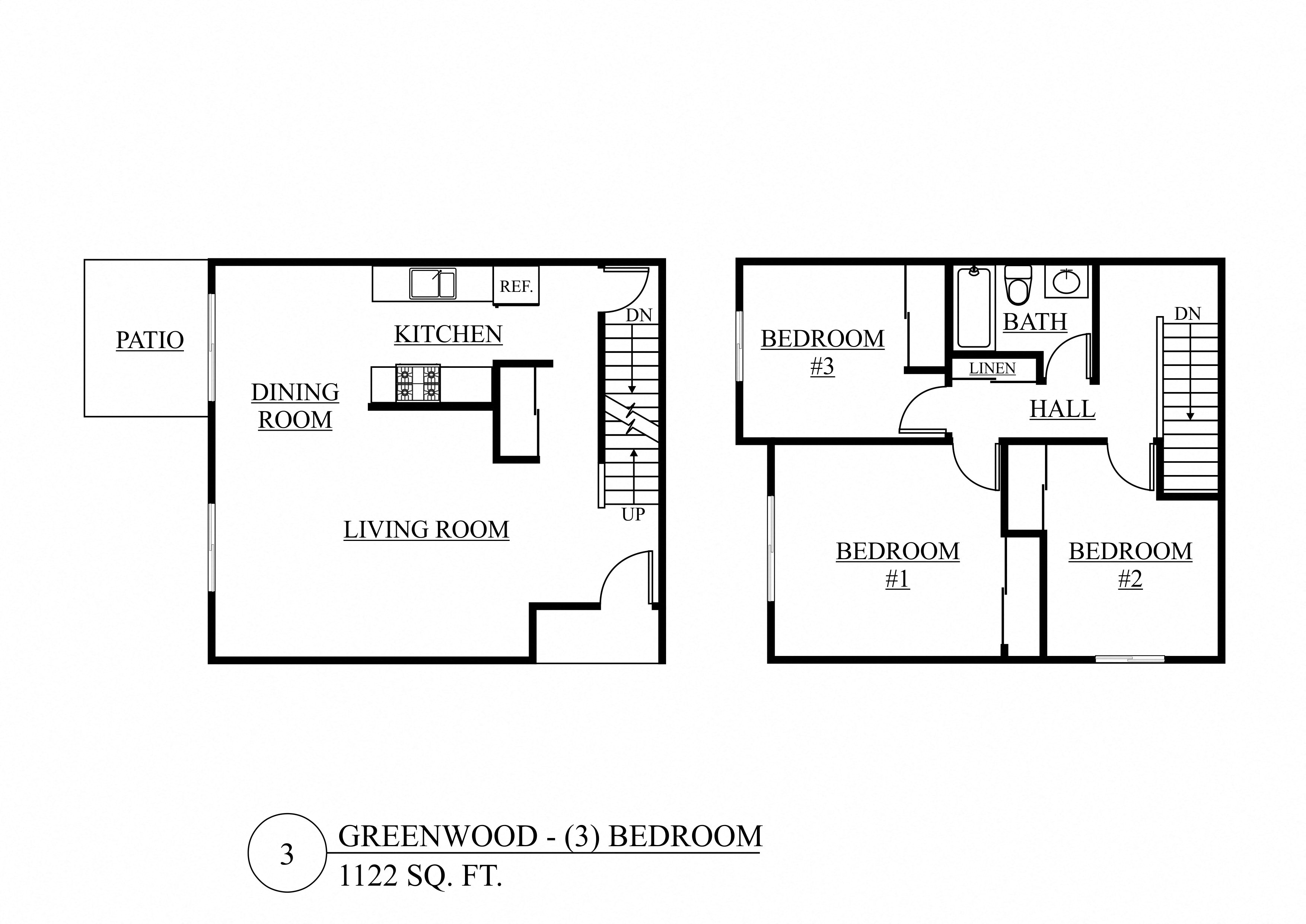 Floor plan for 3 beds, 1 bath, 1122 sqft
